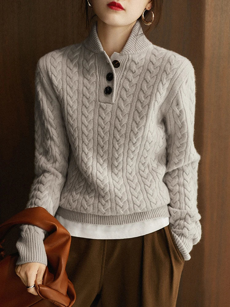 Cable-Knit Jumper with Button Stand Collar