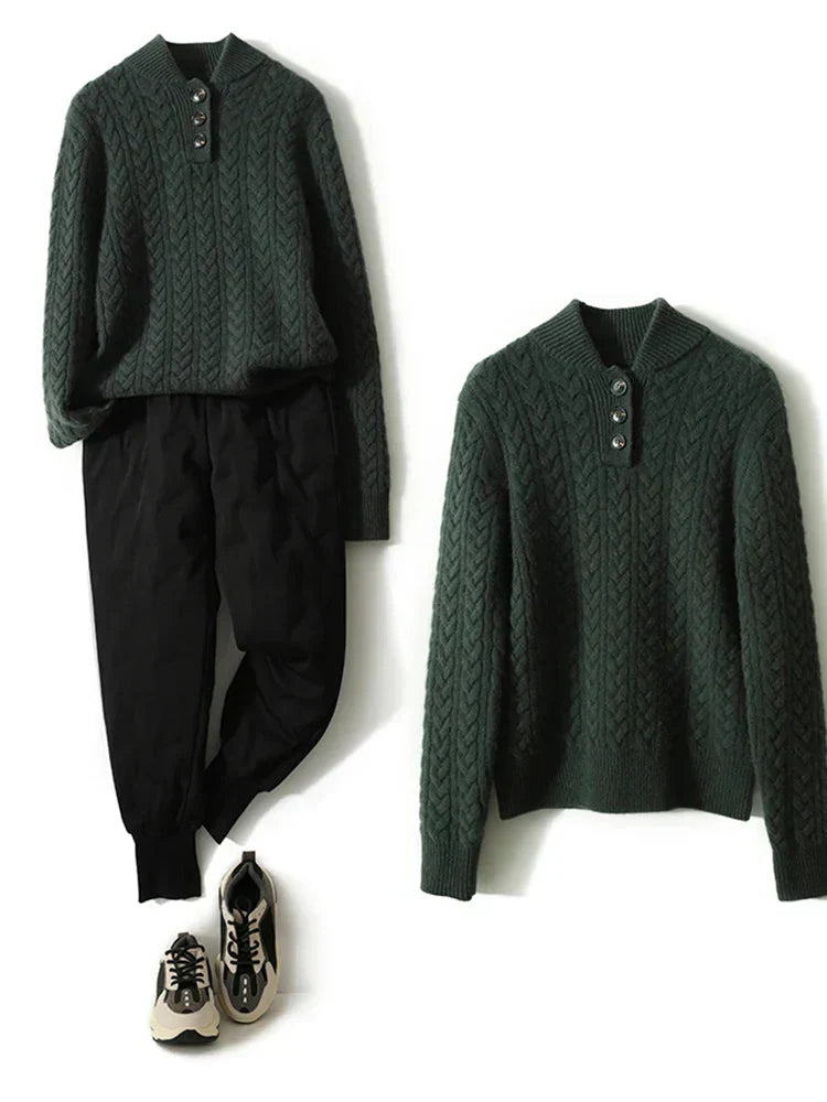 Cable-Knit Jumper with Button Stand Collar