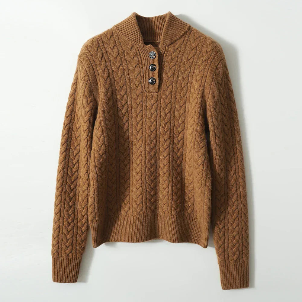 Cable-Knit Jumper with Button Stand Collar