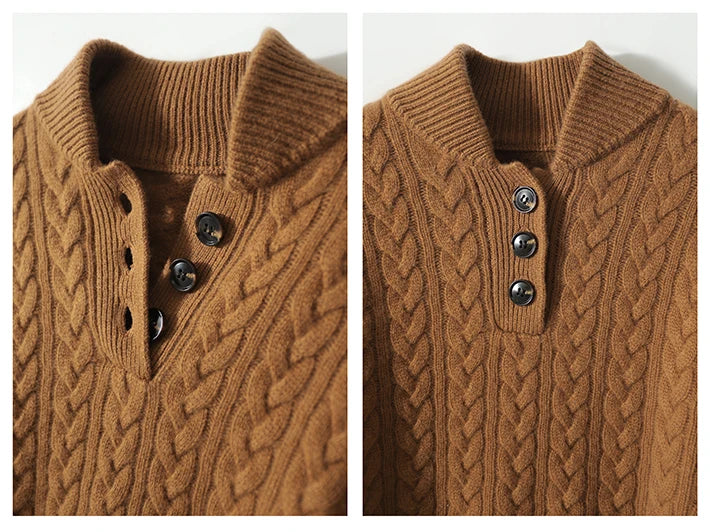 Cable-Knit Jumper with Button Stand Collar