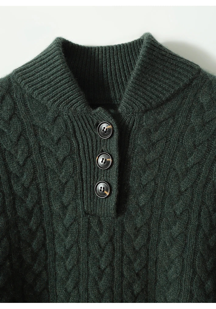 Cable-Knit Jumper with Button Stand Collar
