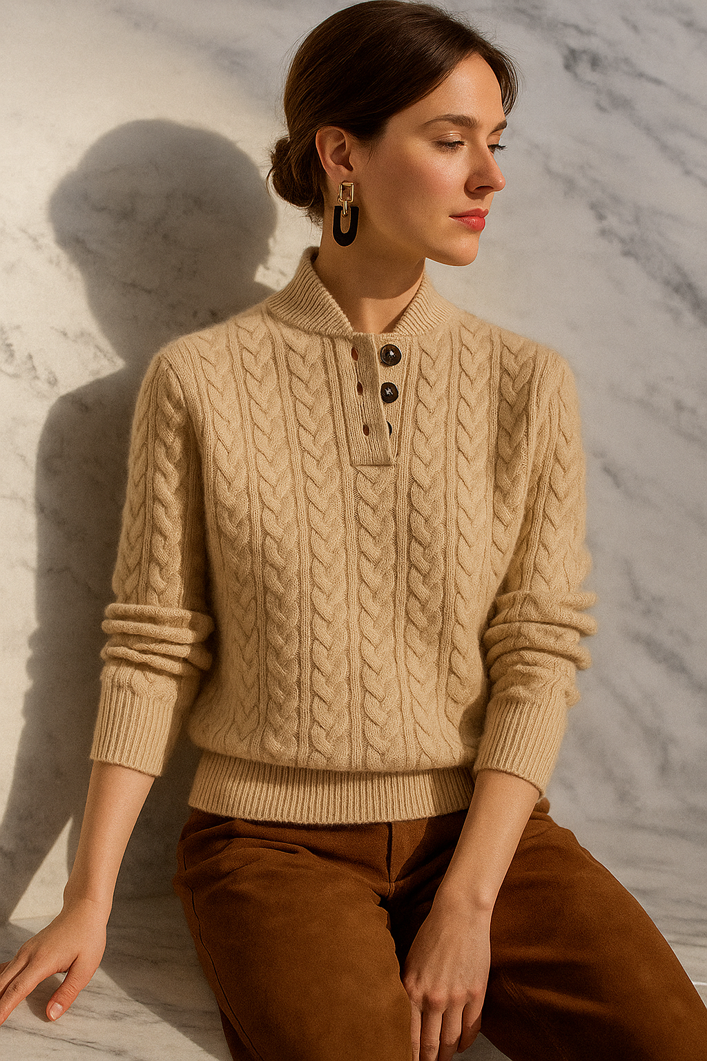 Cable-Knit Jumper with Button Stand Collar