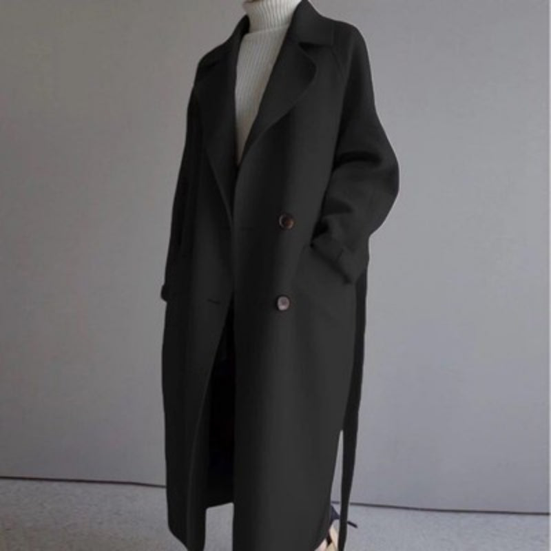 Women's Double-Breasted Longline Coat with Wide Lapels