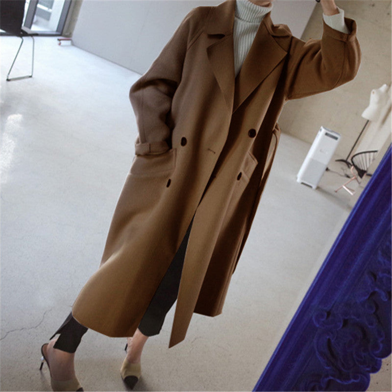 Women's Double-Breasted Longline Coat with Wide Lapels