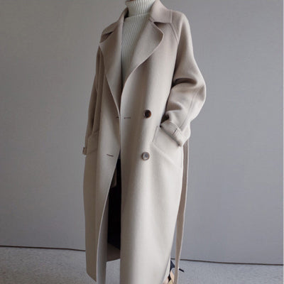 Women's Double-Breasted Longline Coat with Wide Lapels