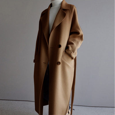 Women's Double-Breasted Longline Coat with Wide Lapels