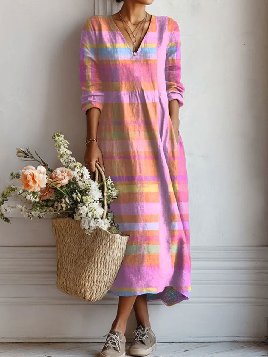 Check Print V-Neck Midi Dress with Pockets, Multicolour