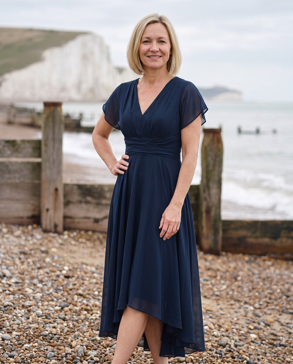 Woman wearing the v-neck a-line dress on an English pebble beach