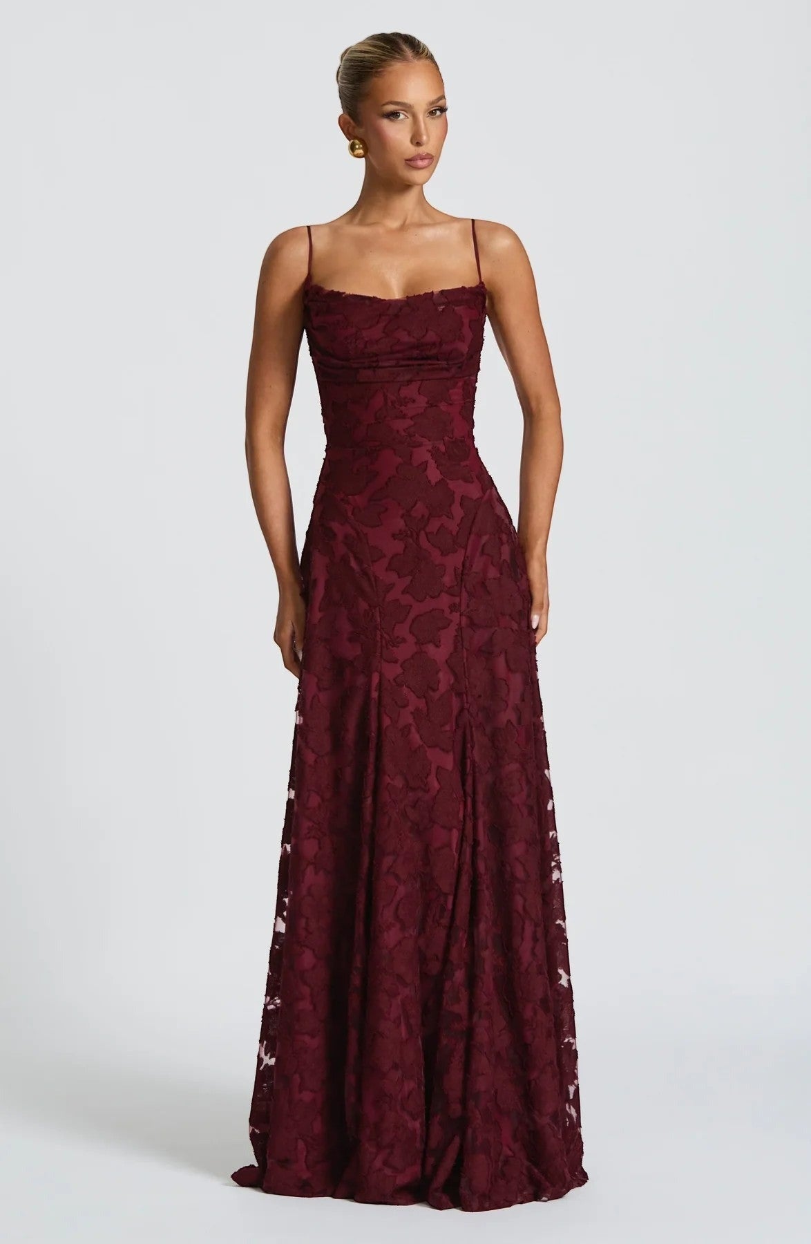 Women's cowl neck maxi dress with lace-up back, cherry, front view