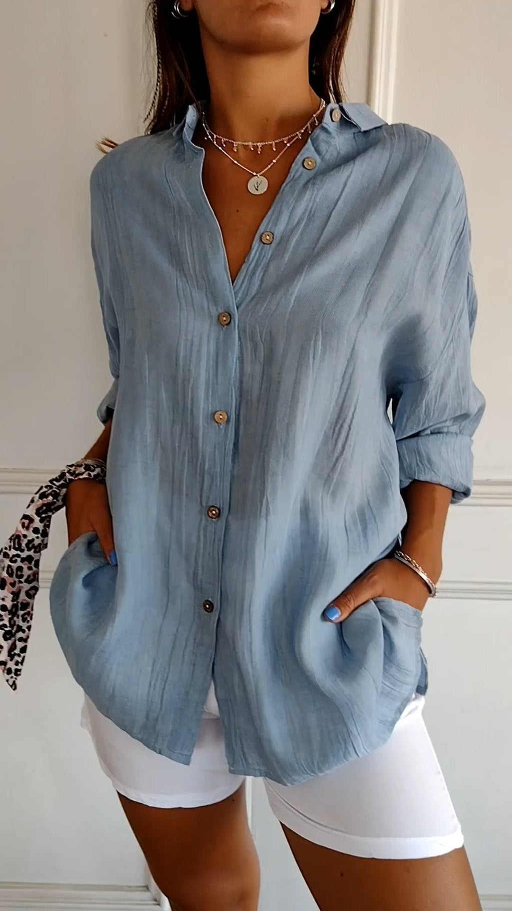 Crinkle-Textured Button-Down Shirt, Oversized Fit, Blue