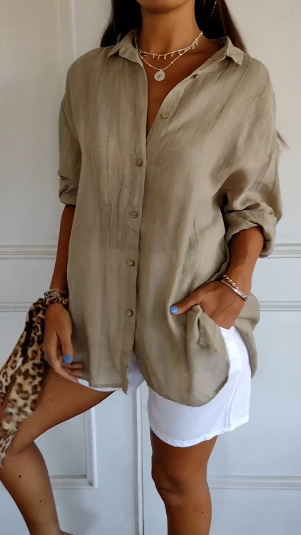 Crinkle-Textured Button-Down Shirt, Oversized Fit, Brown