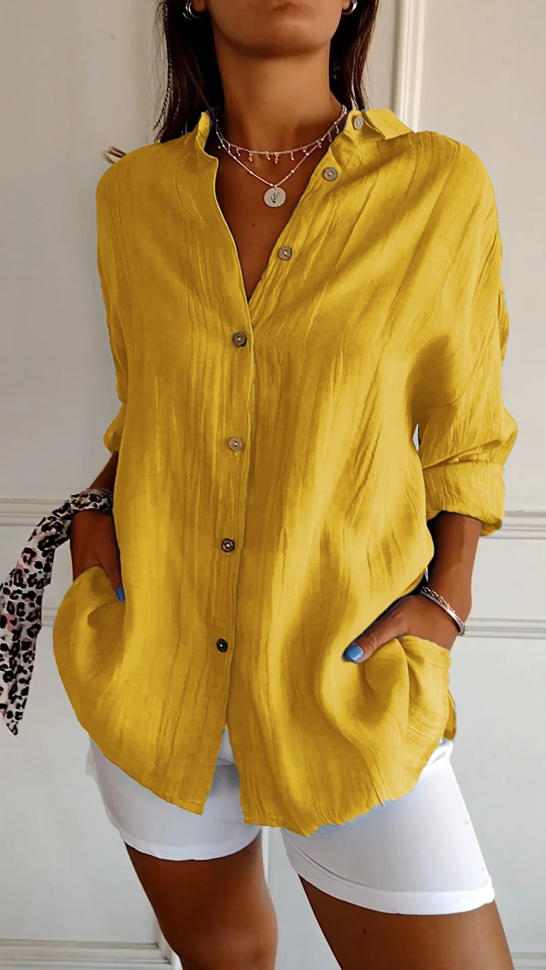 Crinkle-Textured Button-Down Shirt, Oversized Fit, Yellow Image