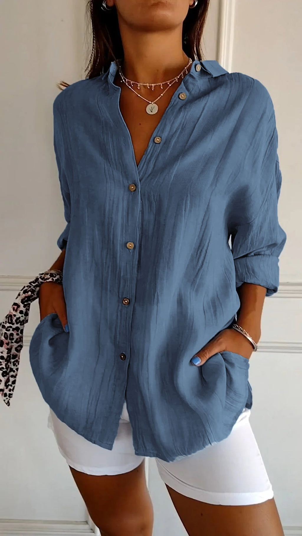 Crinkle-Textured Button-Down Shirt, Oversized Fit, Dark Blue