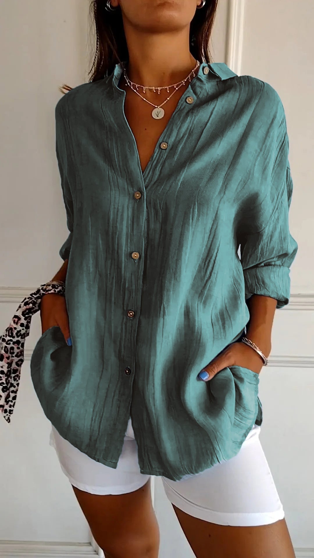 Crinkle-Textured Button-Down Shirt, Oversized Fit, Dark Green