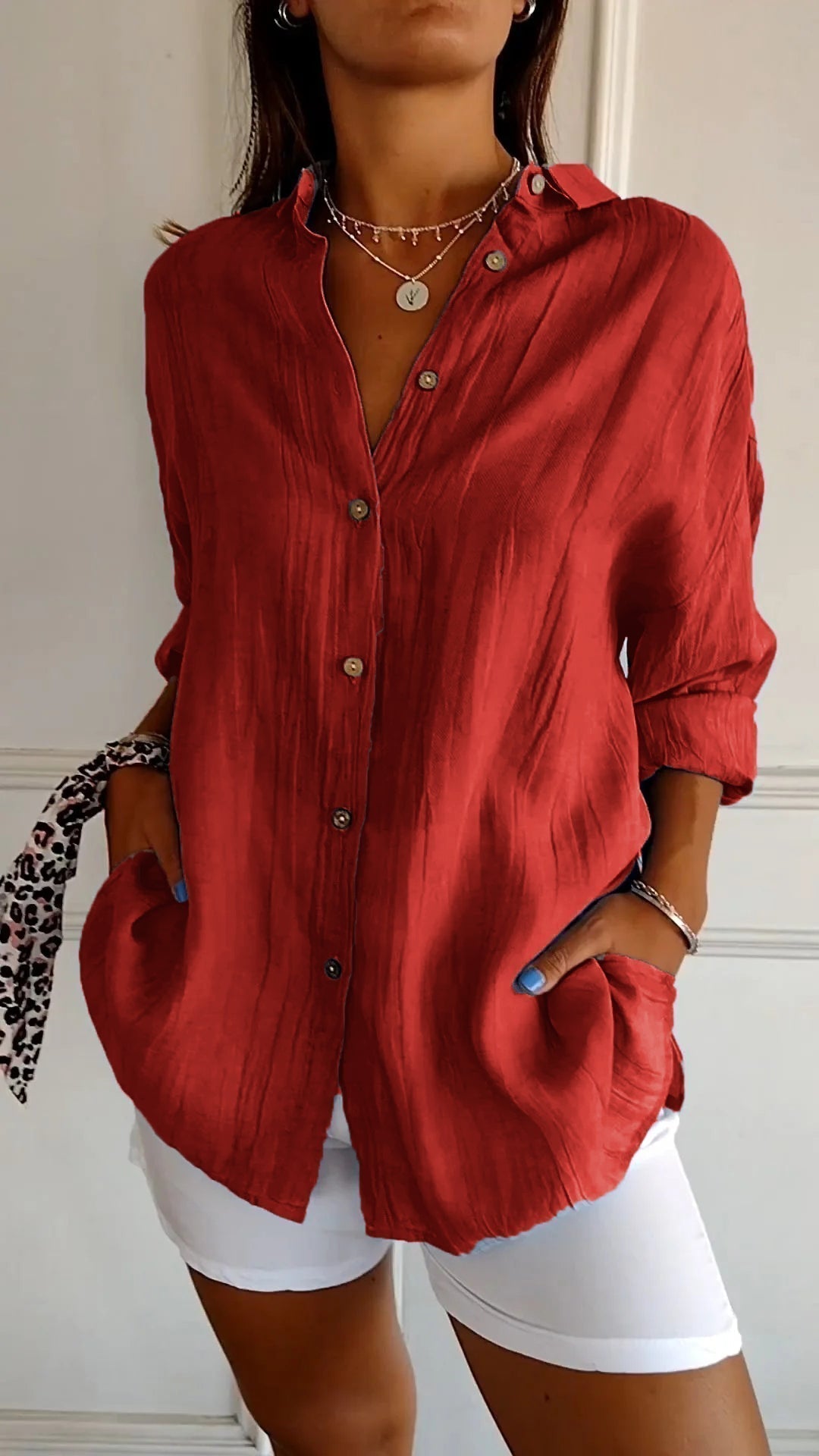 Crinkle-Textured Button-Down Shirt, Oversized Fit, Red Image