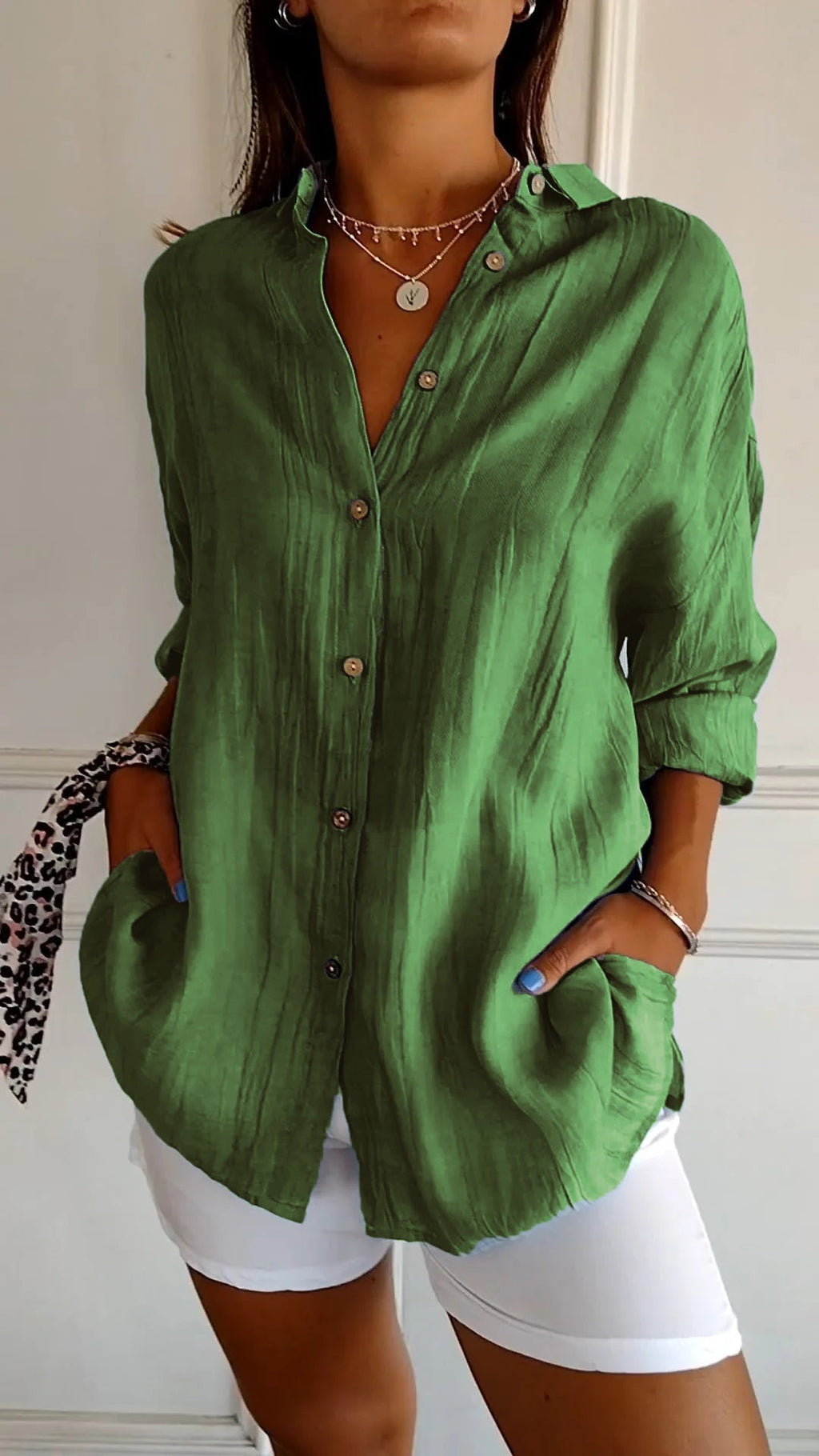 Crinkle-Textured Button-Down Shirt, Oversized Fit, Green