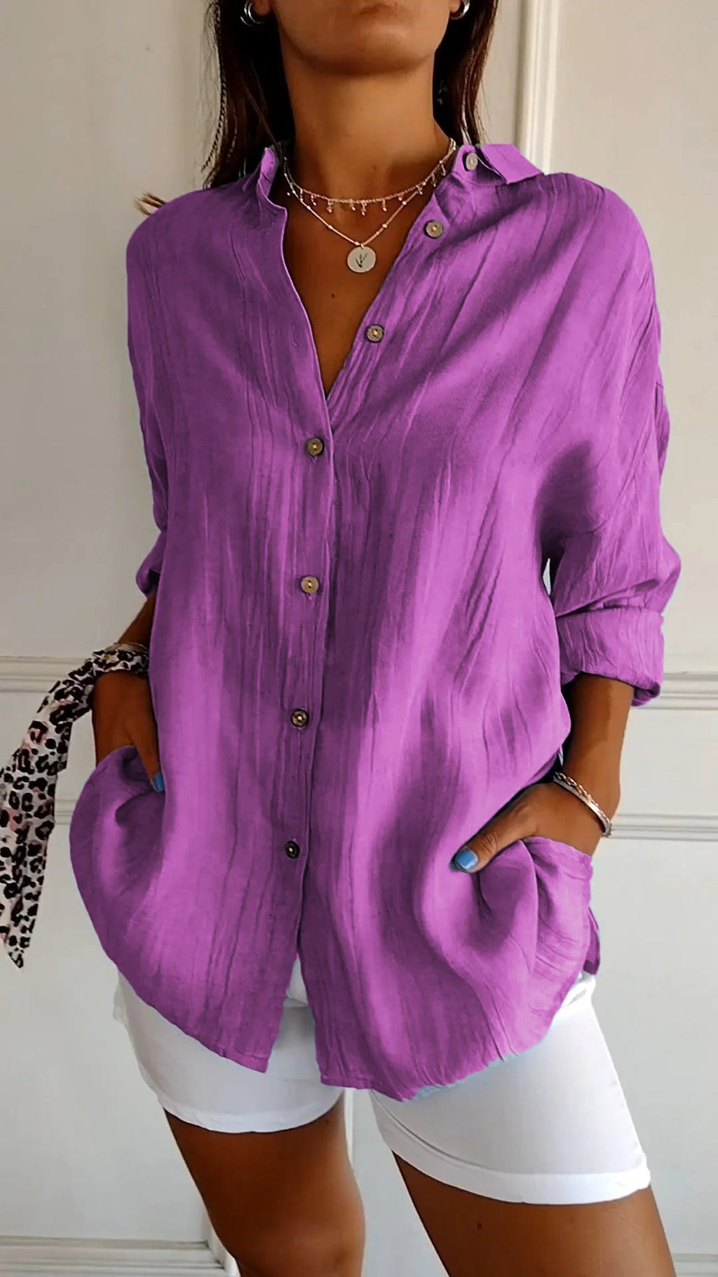 Crinkle-Textured Button-Down Shirt, Oversized Fit, Purple