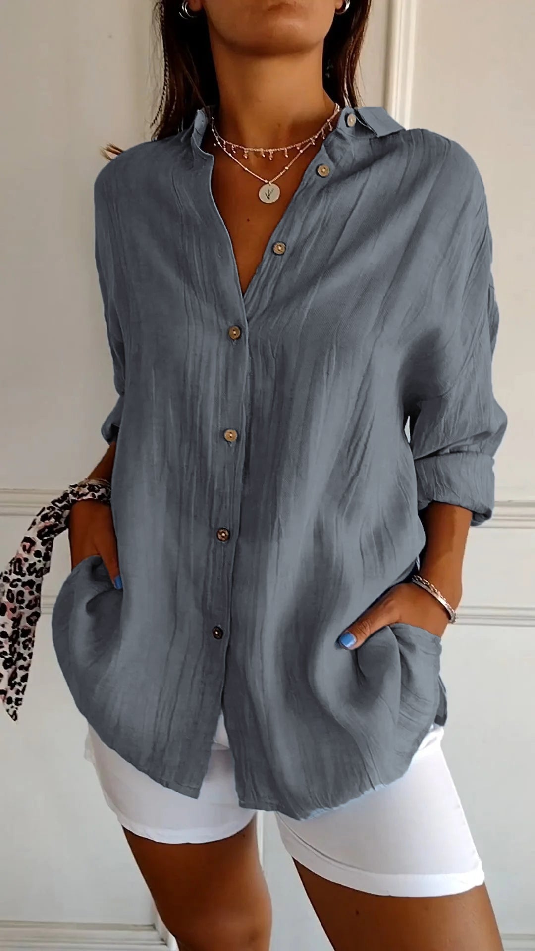 Crinkle-Textured Button-Down Shirt, Oversized Fit, Grey
