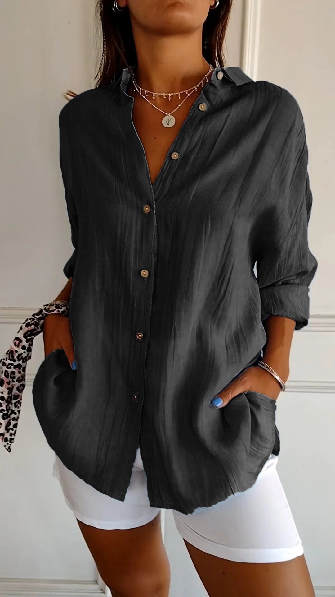 Crinkle-Textured Button-Down Shirt, Oversized Fit, Black