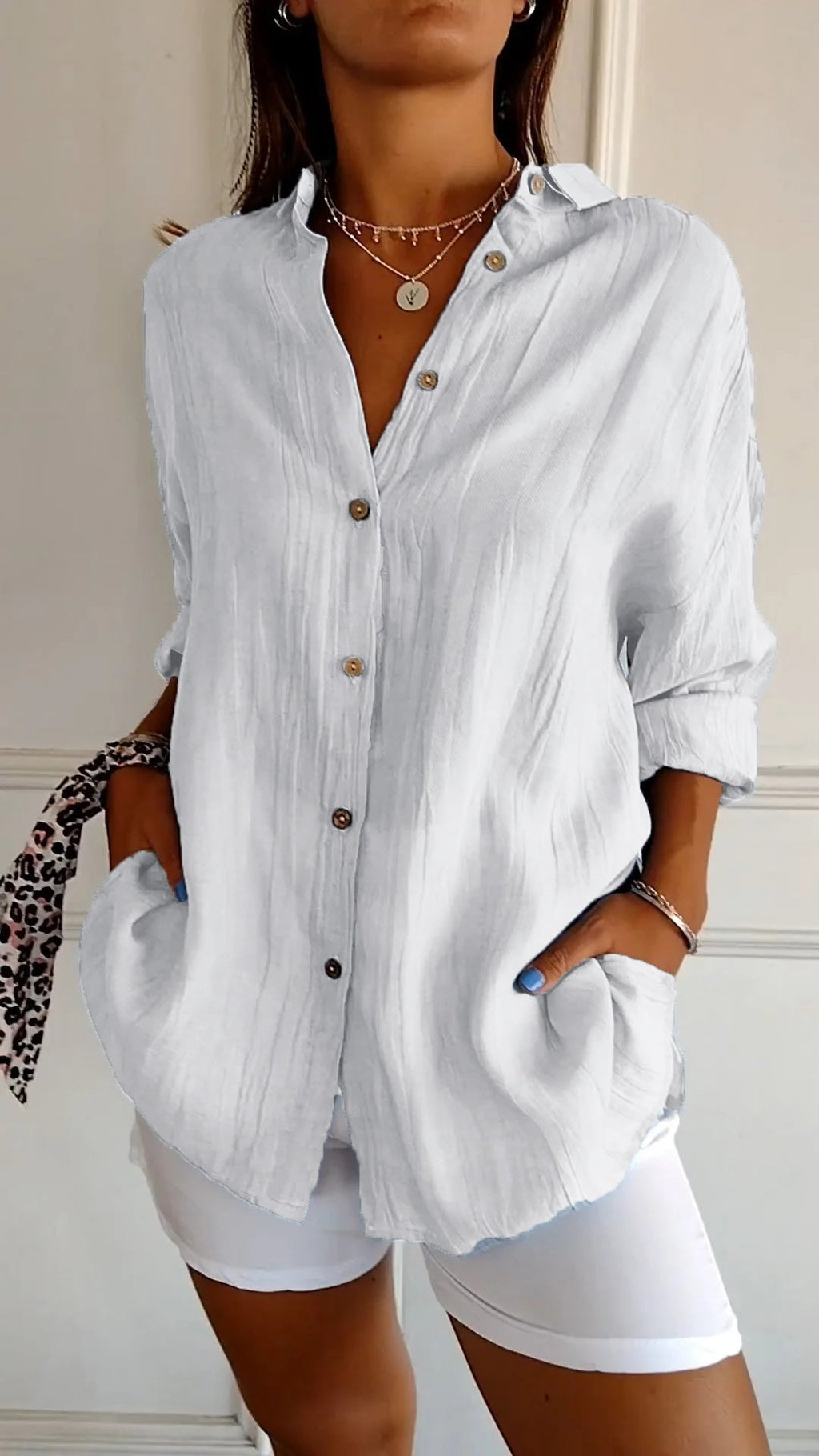 Crinkle-Textured Button-Down Shirt, Oversized Fit, White