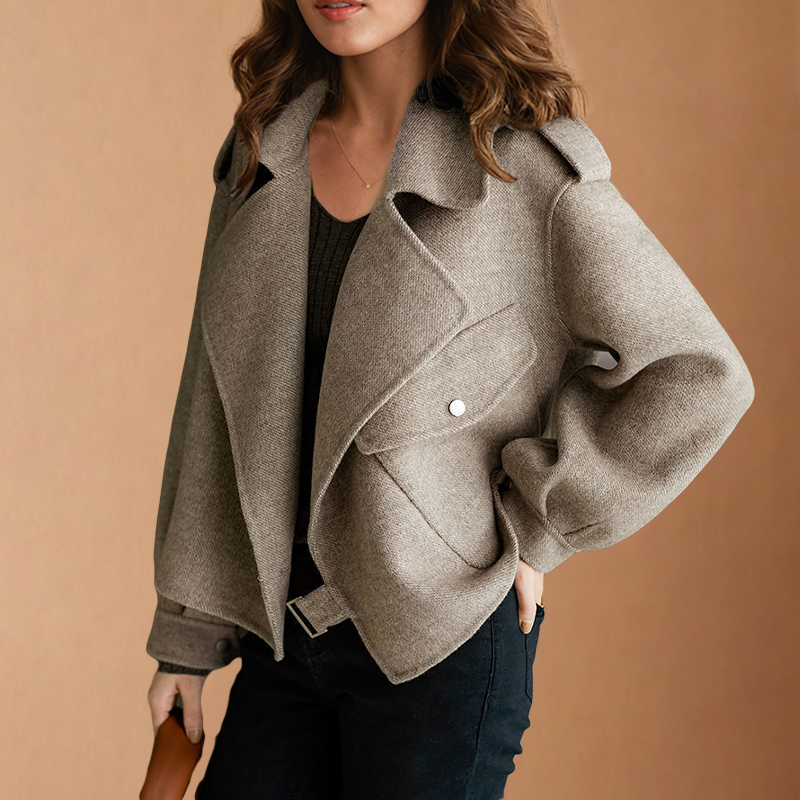 Women's Cropped Biker Jacket with Wide Collar Image