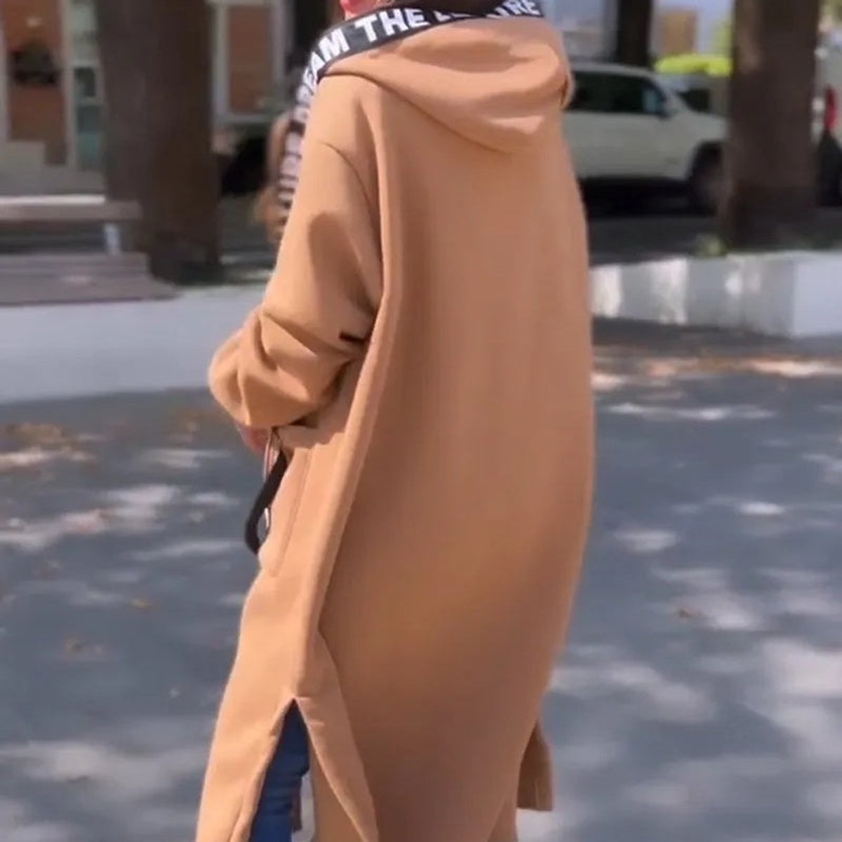 Women's Oversized Hooded Coat Long Zip-Up with Logo Detail Image