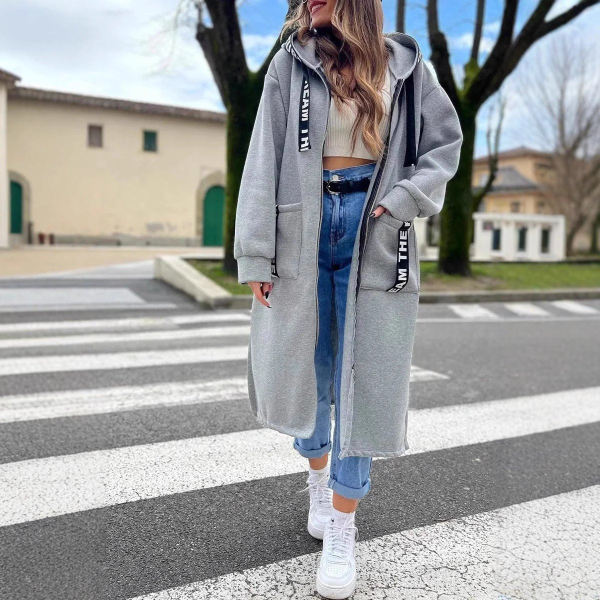 Women's Oversized Hooded Coat Long Zip-Up with Logo Detail Image