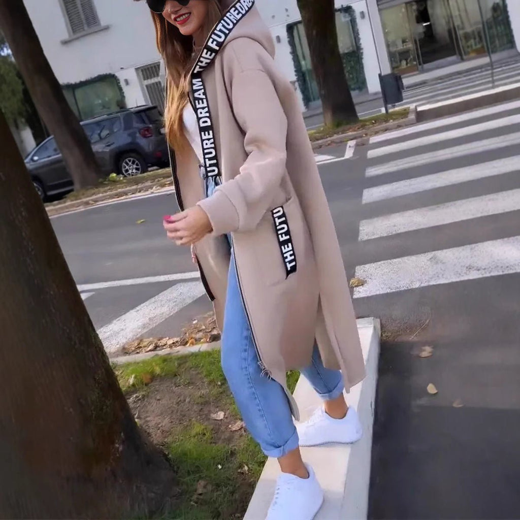 Women's Oversized Hooded Coat Long Zip-Up with Logo Detail