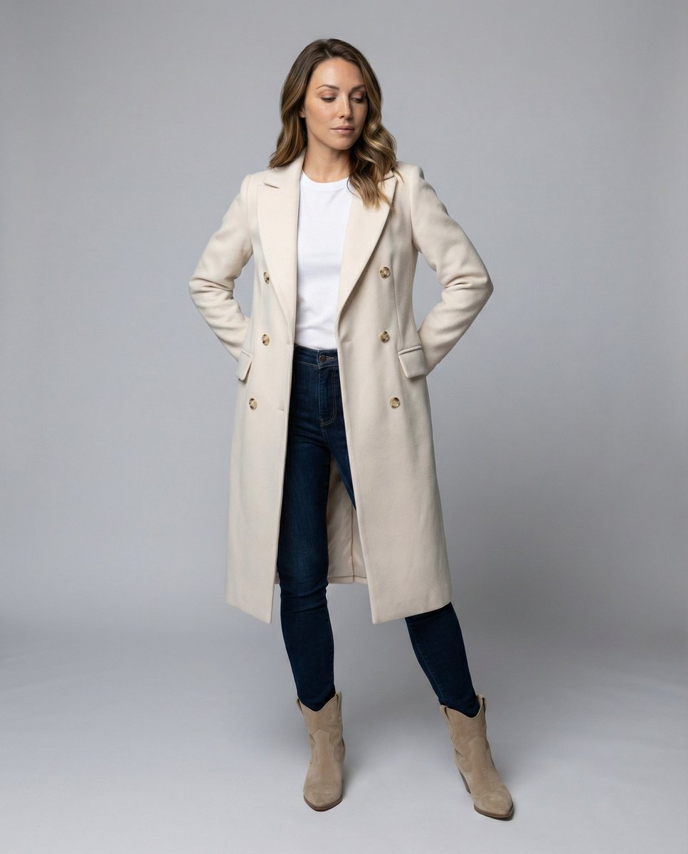 Women's Double-Breasted Longline Coat with Gold Buttons Image