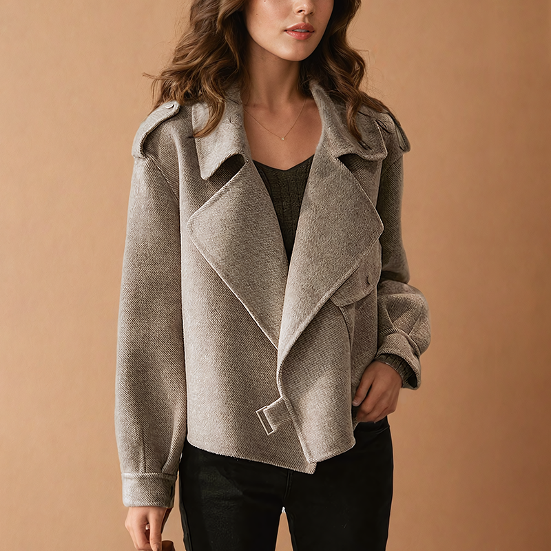 Women's Cropped Biker Jacket with Wide Collar Image