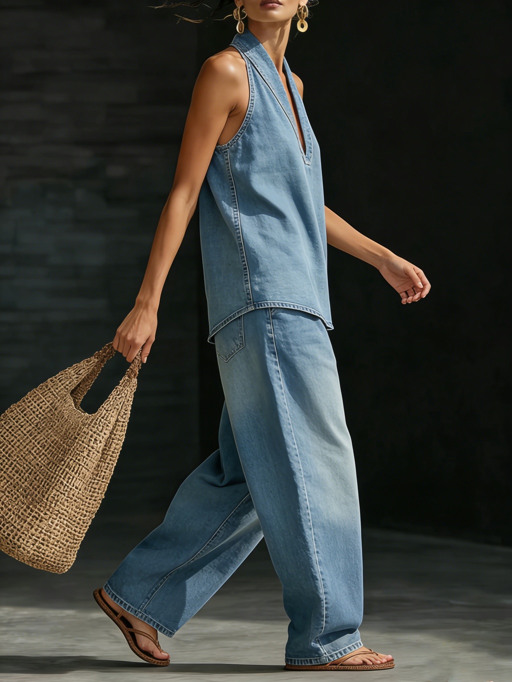 Denim Co-ord with Halter Top and Wide-Leg Trousers