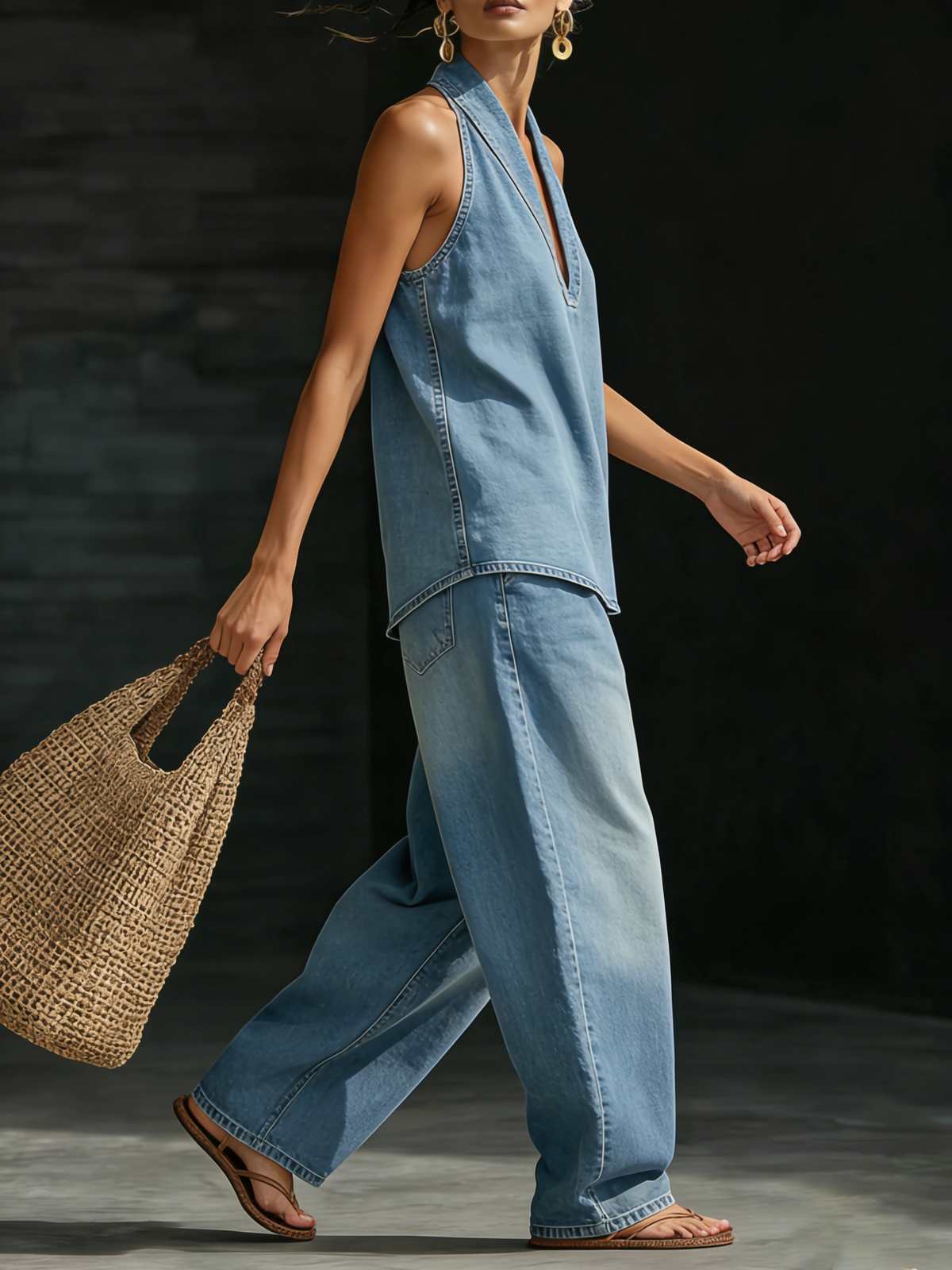 Denim Co-ord with Halter Top and Wide-Leg Trousers Image
