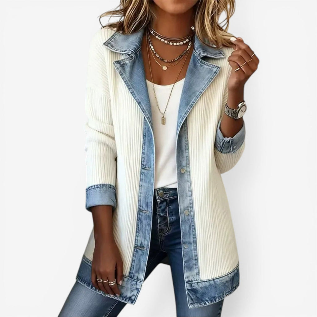 Denim Collar Knit Jacket, Ribbed Button Front, White