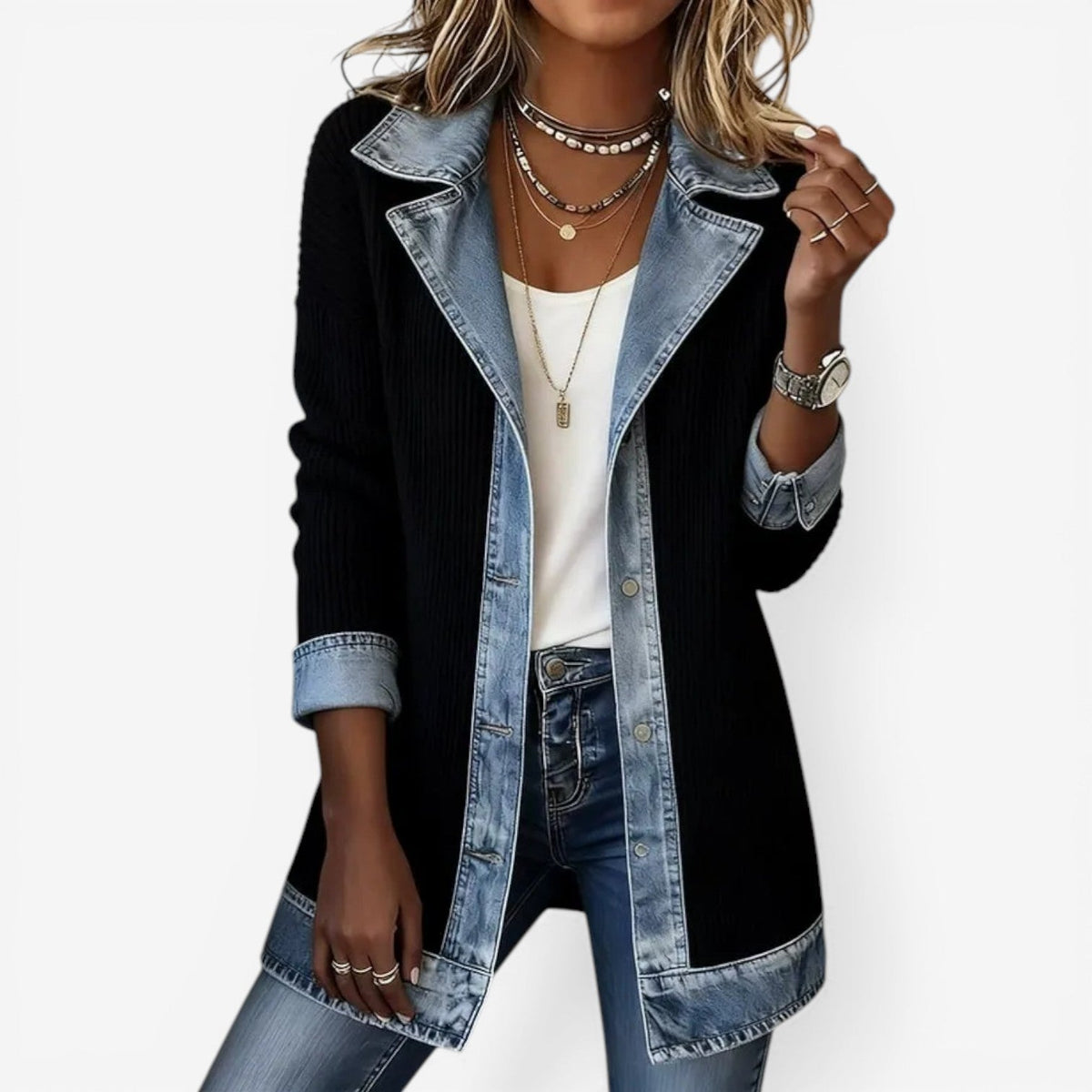 Denim Collar Knit Jacket, Ribbed Button Front, Black