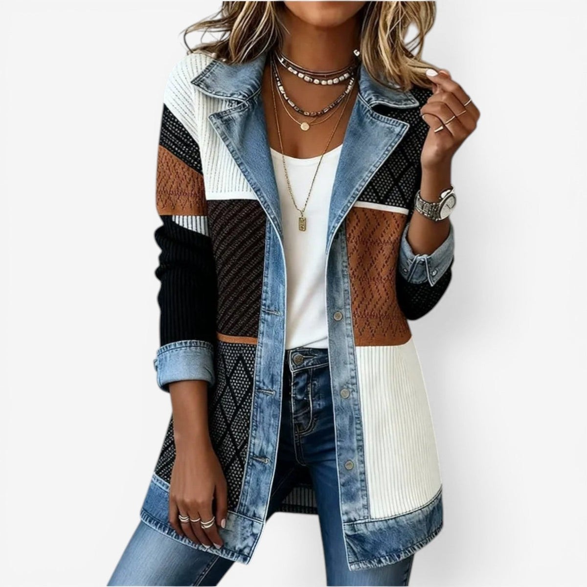 Denim Collar Knit Jacket, Ribbed Button Front, Multicolour