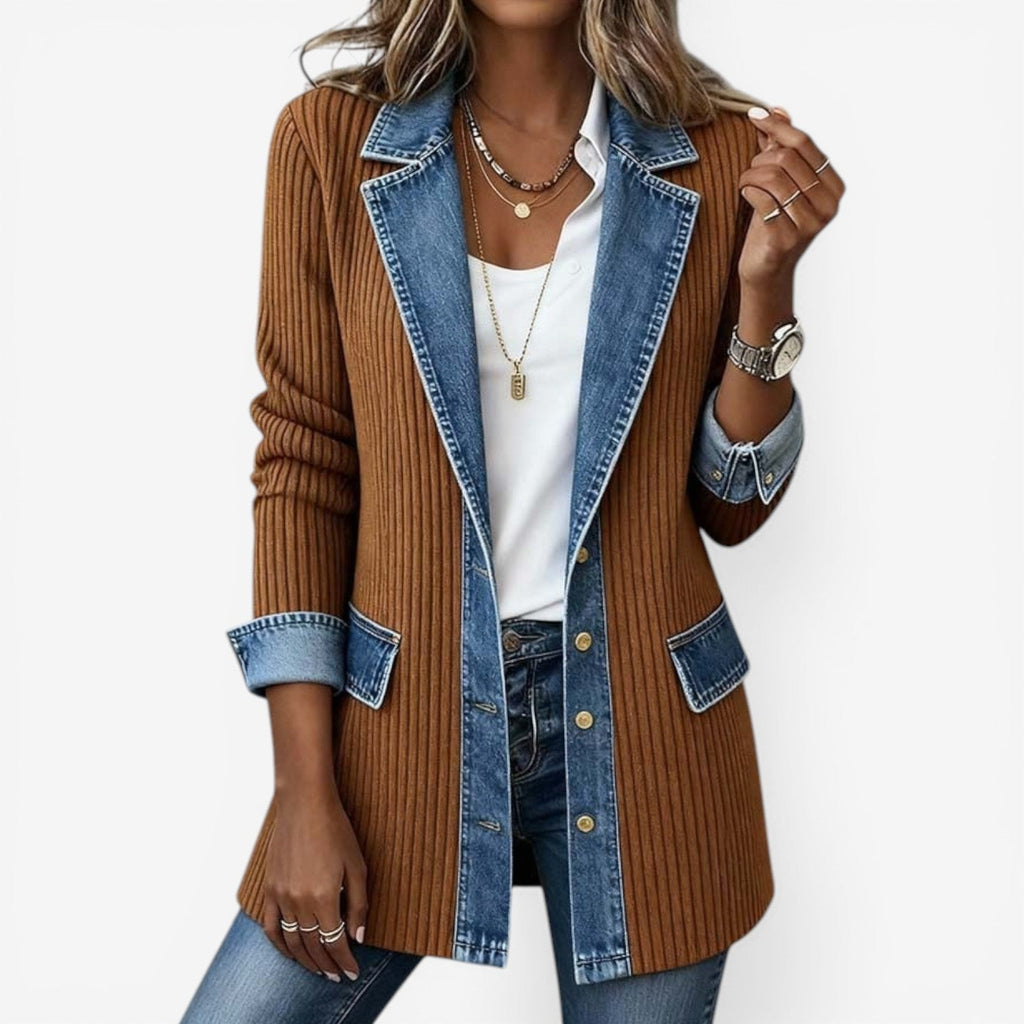 Denim Collar Knit Jacket, Ribbed Button Front, Khaki