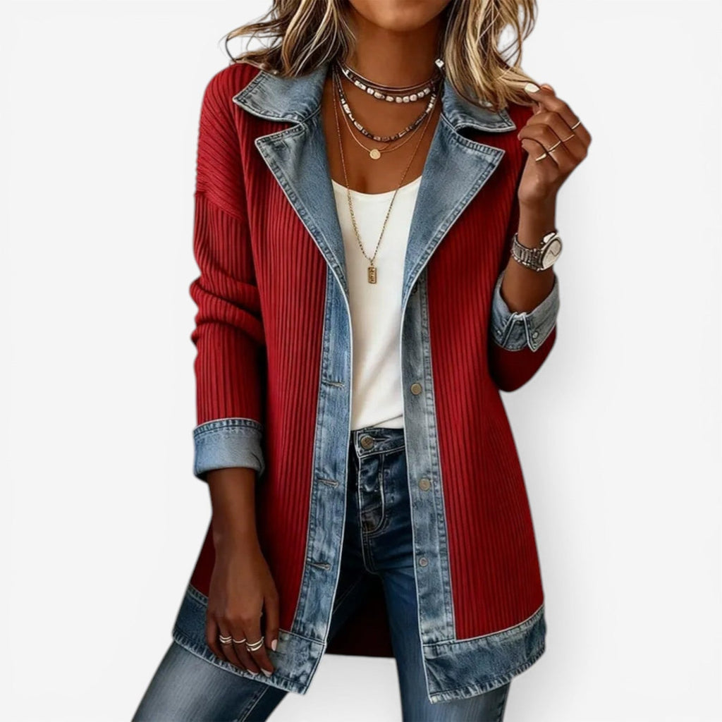 Denim Collar Knit Jacket, Ribbed Button Front, Red