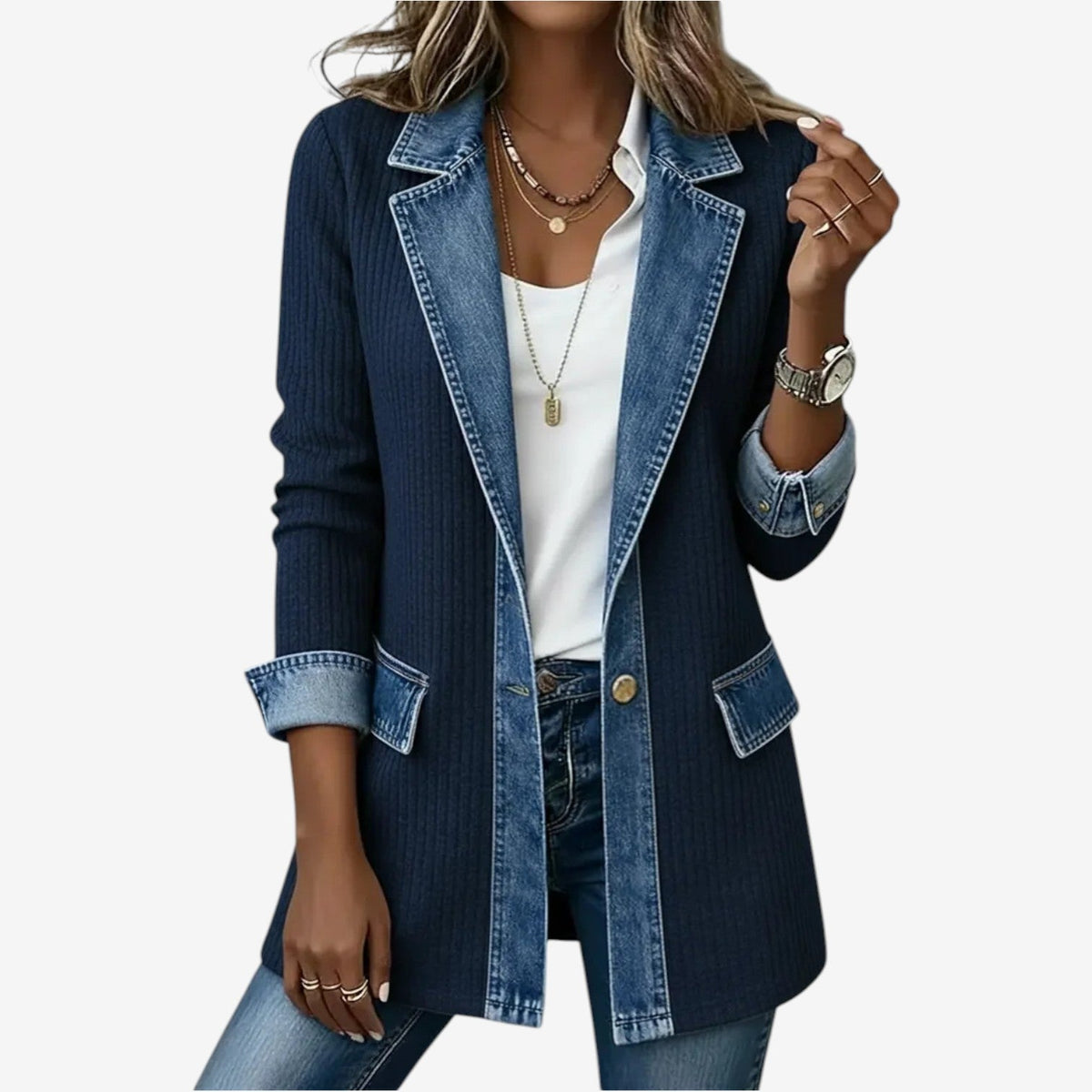 Denim Collar Knit Jacket, Ribbed Button Front, Navy Blue