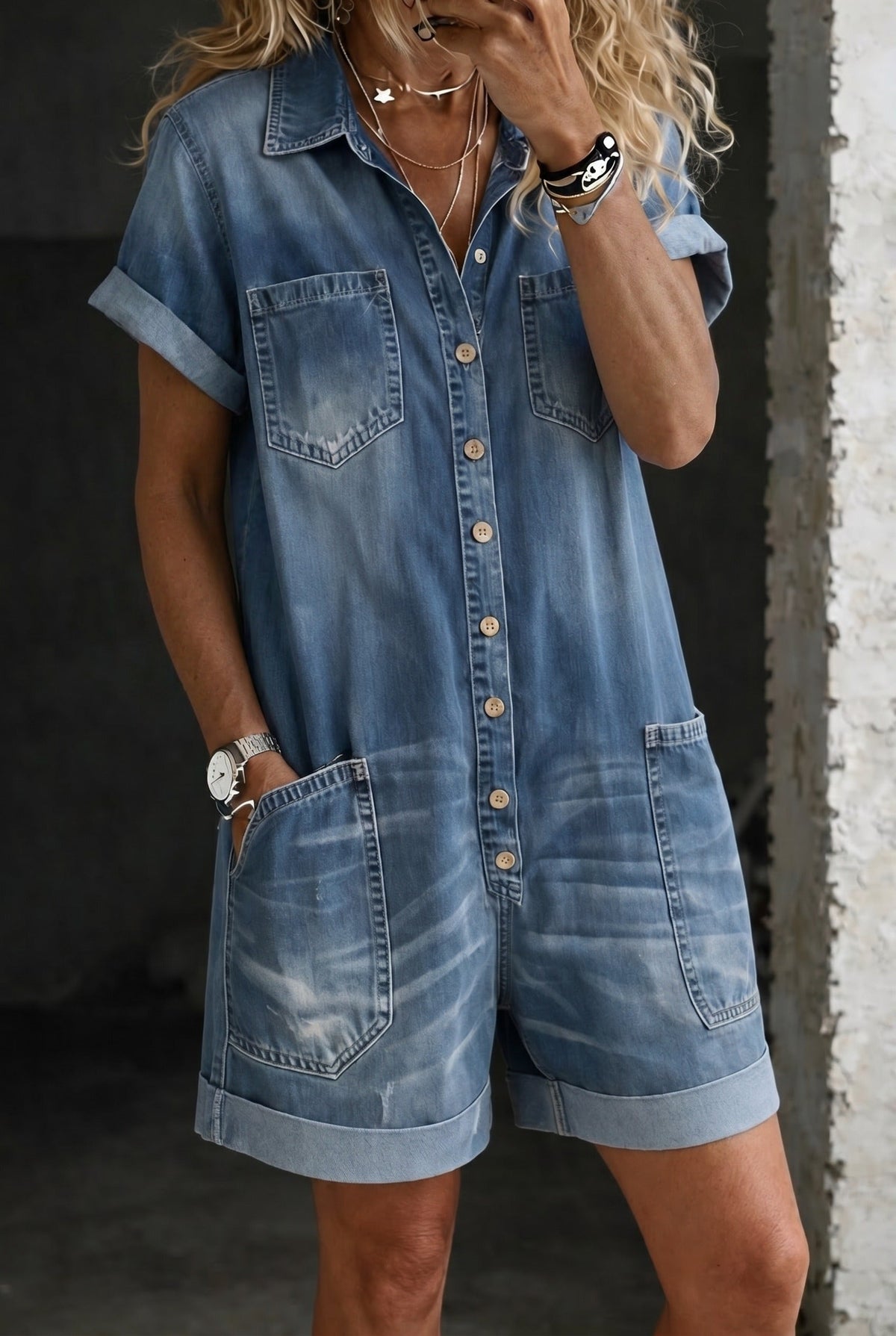 Denim Playsuit with Button Front and Patch Pockets, Blue