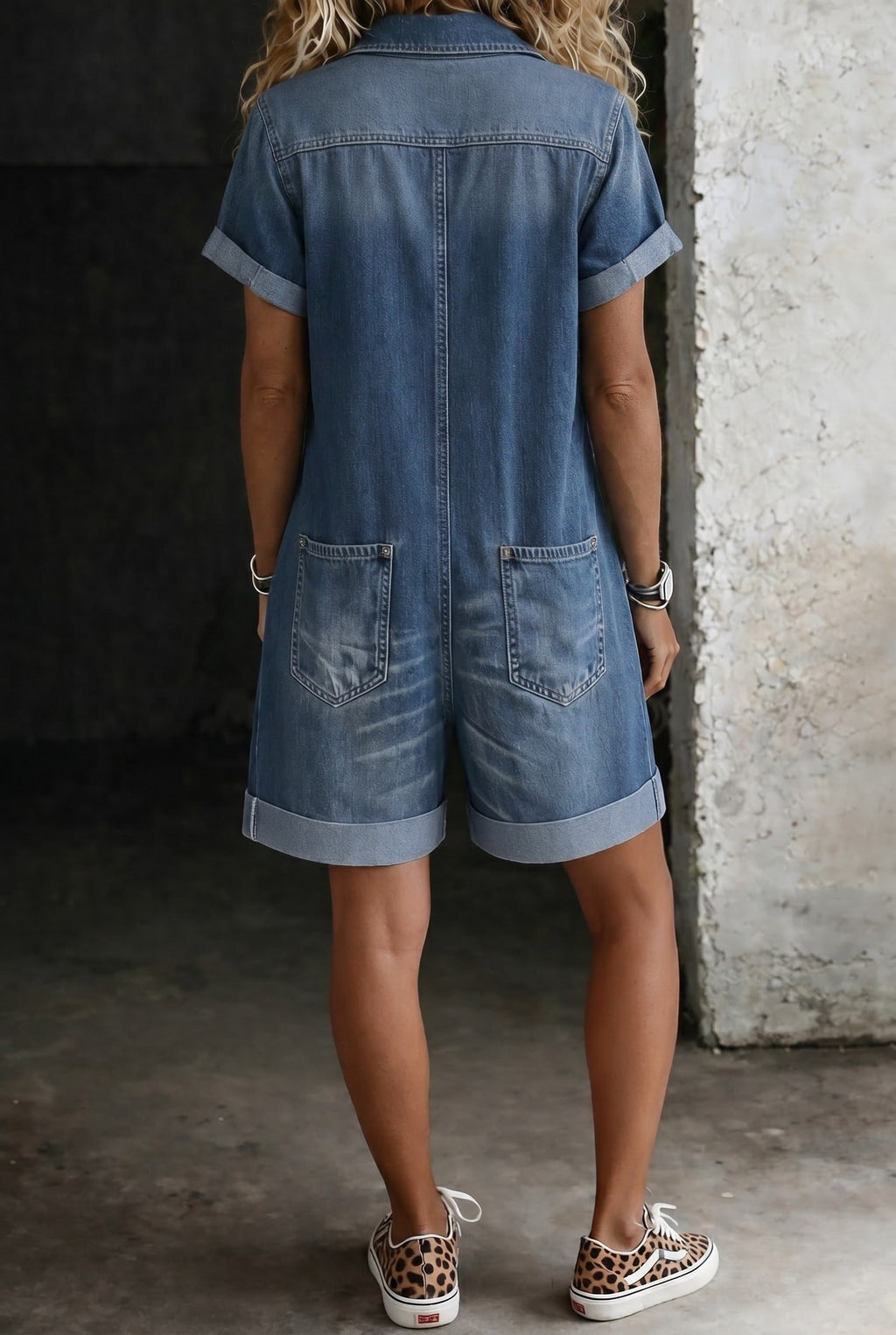 Denim Playsuit with Button Front and Patch Pockets