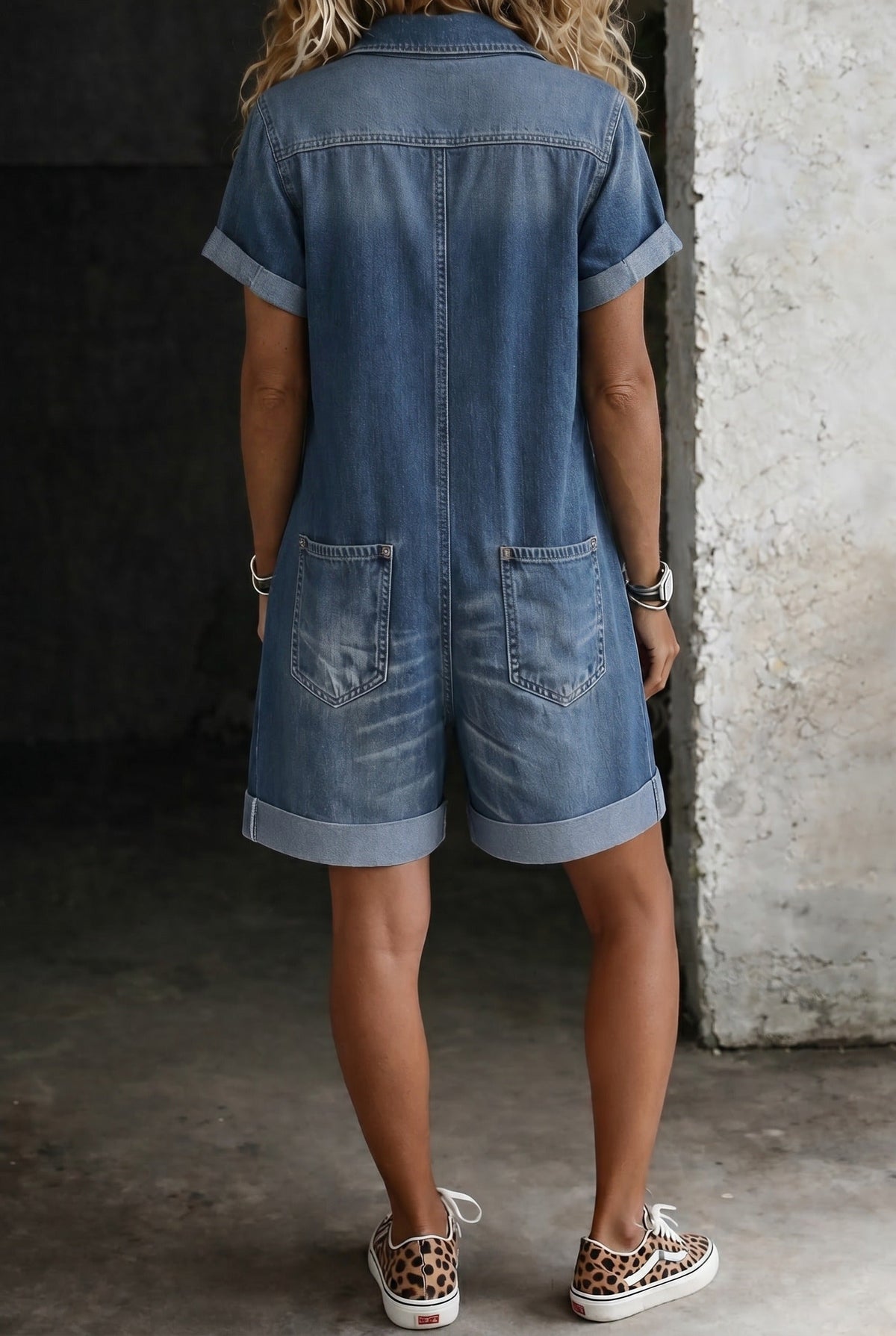 Denim Playsuit with Button Front and Patch Pockets Image