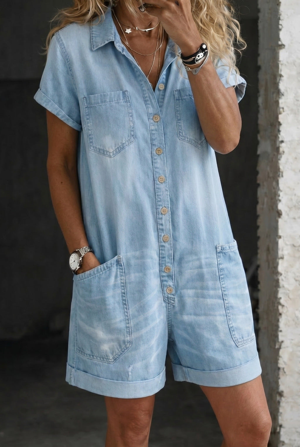 Denim Playsuit with Button Front and Patch Pockets, Sky Blue