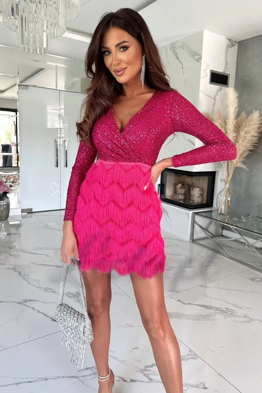 Women's Sequin Feather Mini Dress with Long Sleeves Image