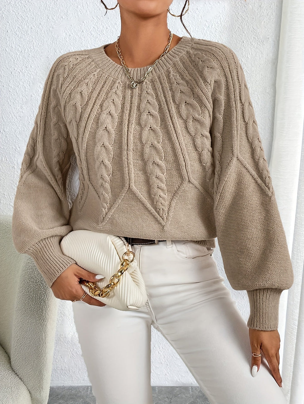 Cropped Cable Knit Jumper with Ribbed Crew Neck - Khaki