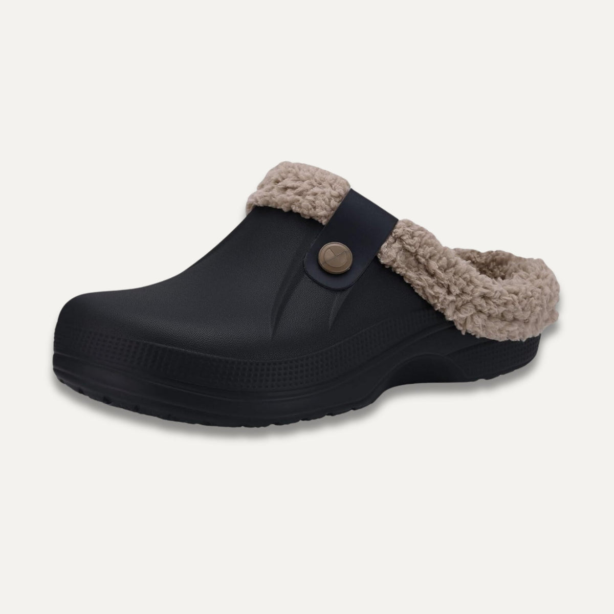 Faux Fur Trim Clog Mules with Button Strap, Black & Brown