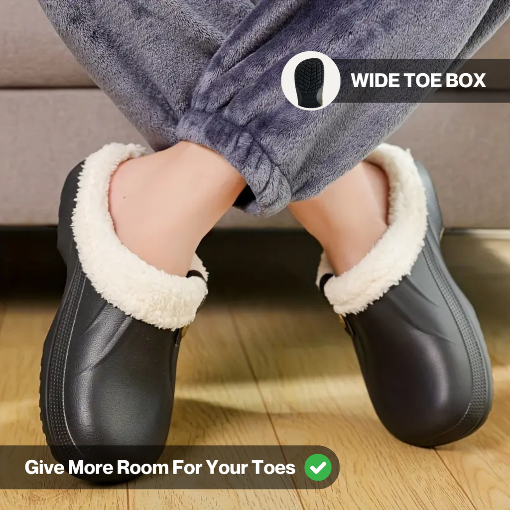 Faux Fur Trim Clog Mules with Button Strap