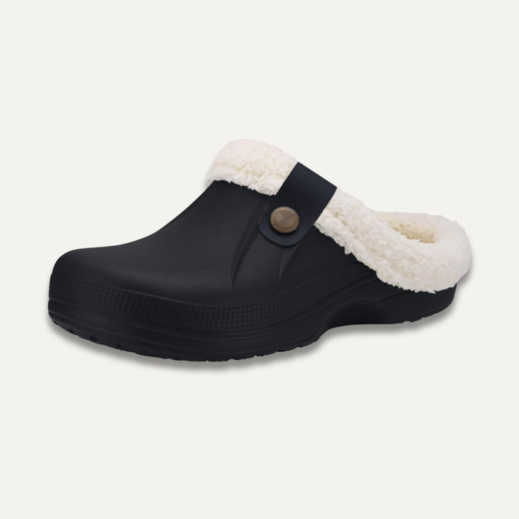 Faux Fur Trim Clog Mules with Button Strap, Black & White