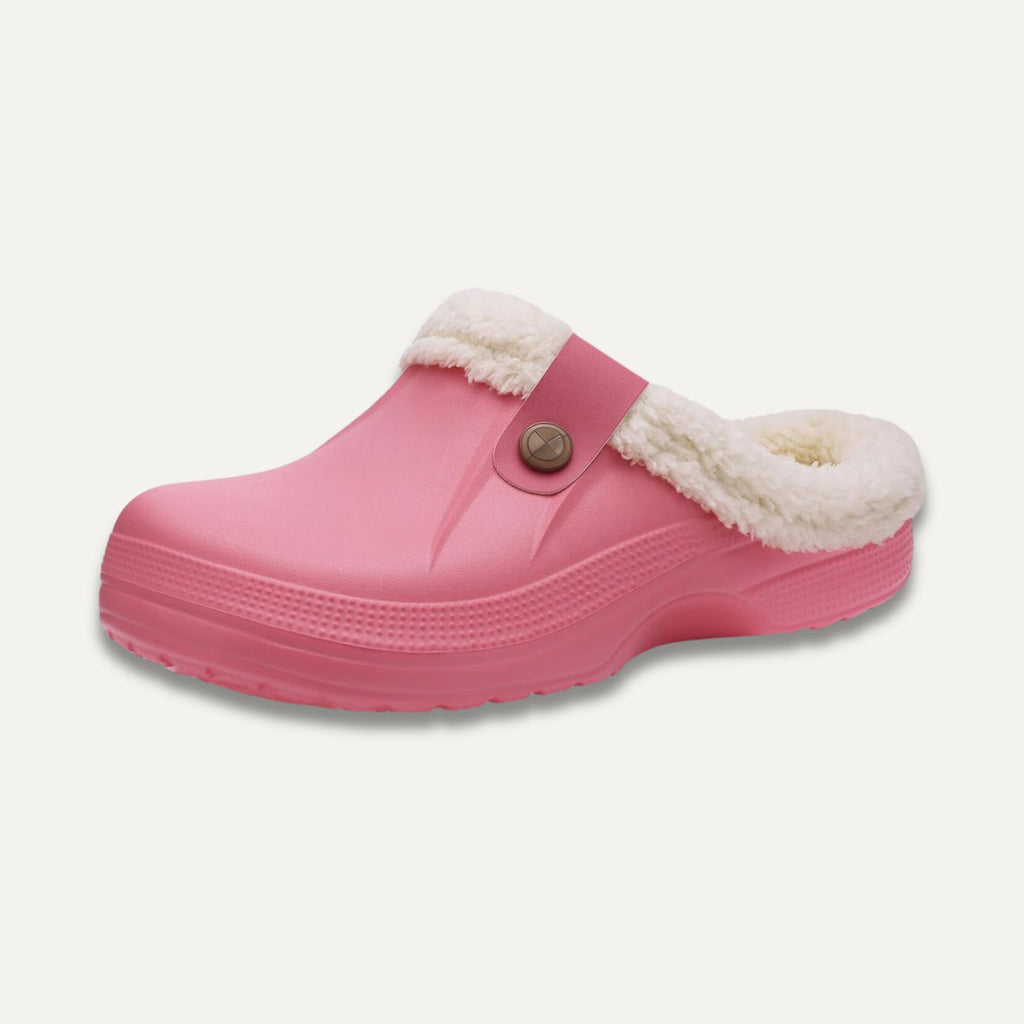 Faux Fur Trim Clog Mules with Button Strap, Light Pink