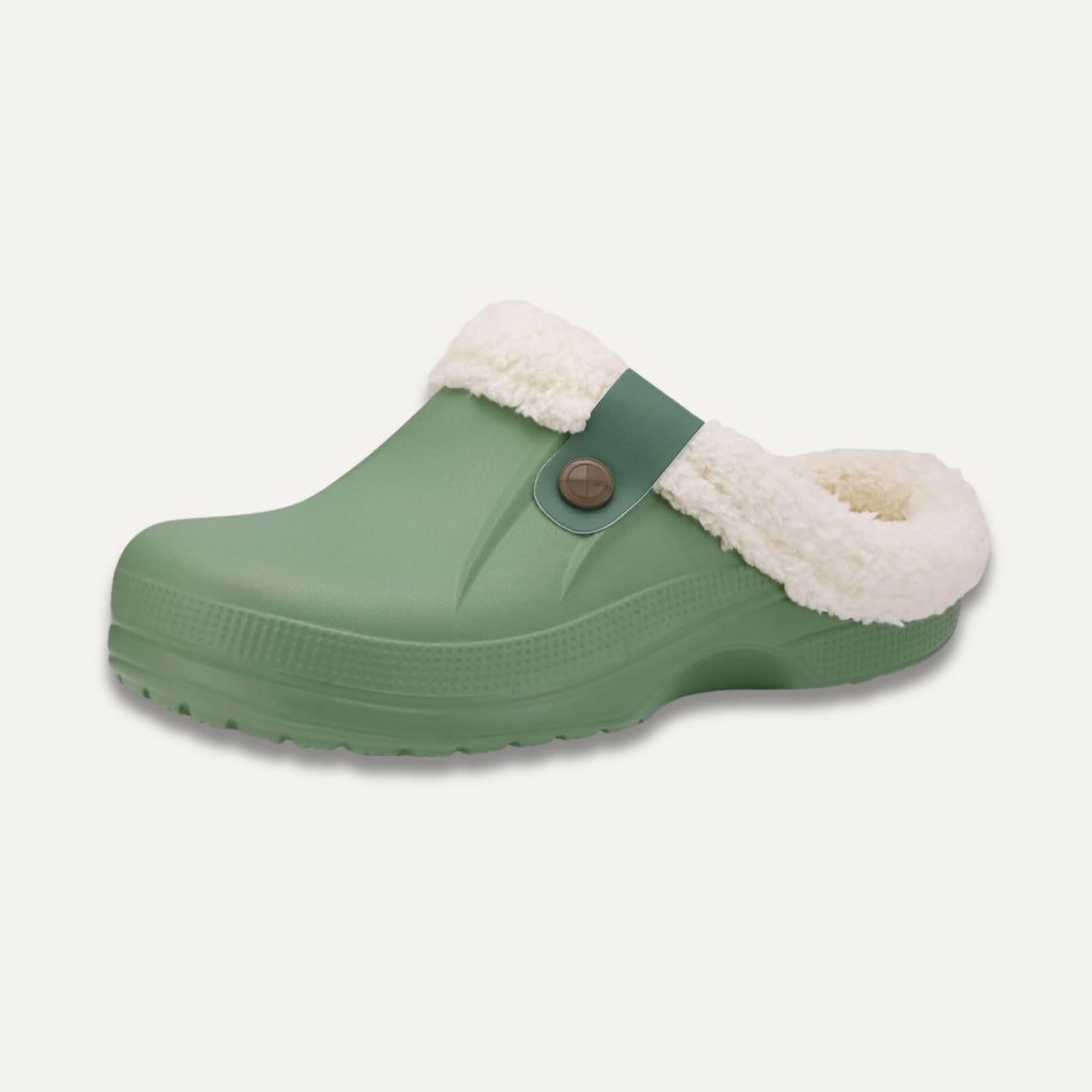 Faux Fur Trim Clog Mules with Button Strap, Light Green