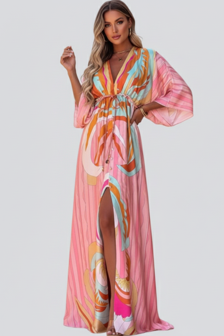 Ruby | Women’s Printed V-Neck Belted Maxi Dress Image
